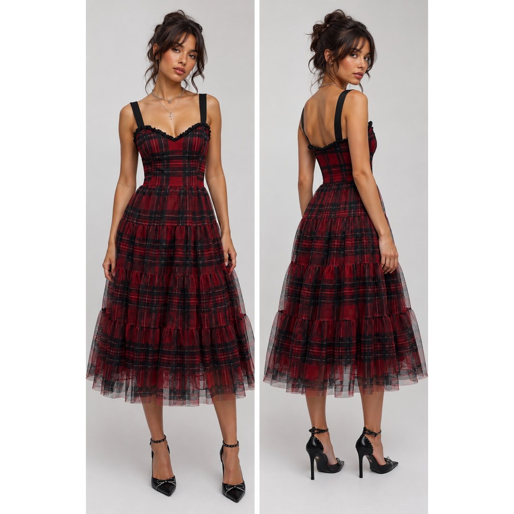 Betsey Johnson Plaid Mesh Tulle Tiered Midi Dress 4 Tartan Romantic Goth 90s